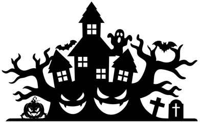 Haunted Halloween house with glowing pumpkin eyes, spooky twisted trees, flying bats, ghost and graveyard with crosses under dark night sky