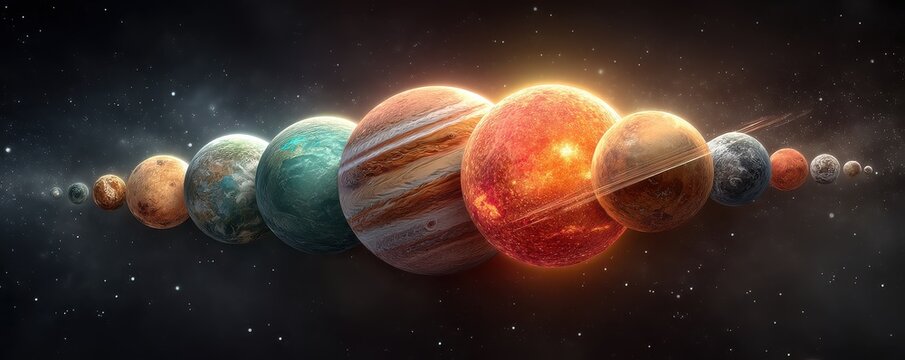 Solar system planets aligned with the glowing sun in vast outer space - Powered by Adobe