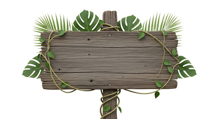 Wooden jungle signpost with vines and leaves on a transparent background
