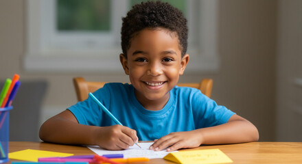 Fototapeta premium Kid writing thank-you letter to teacher with colorful pens, homeschooling and gratitude education concept