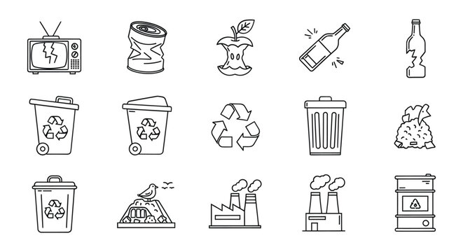 Collection of hand drawn icons representing various types of waste and recycling