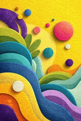 Vibrant Colorful Abstract Waves and Circles on a Bright Yellow Background
