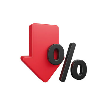 3d red arrow down symbol with percentage sign graphic for financial decline isolated on transparent background