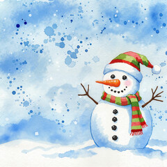 Cheerful snowman with carrot nose wearing colorful scarf, winter background, Christmas concept