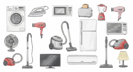 Watercolor household appliance collection, modern home electronics and tools in soft muted colors, clean illustrative domestic design