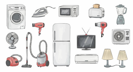 Watercolor household appliance collection, modern home electronics and tools in soft muted colors, clean illustrative domestic design