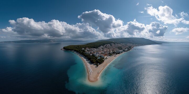 Scenic aerial view of idyllic coastal town on narrow peninsula surrounded by sea and lush forest - Powered by Adobe