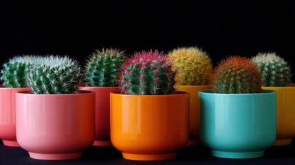 Group of six small cactus plants in colorful pots. the pots are arranged in a row and are of different colors - pink, orange, yellow, green, blue, and red.