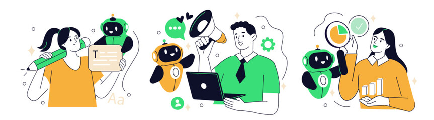 Digital marketing concept set. People using artificial intelligence tools for online promotion, content creation and data analysis. Smart assistant, chatbot, automation vector illustration. © Irina Strelnikova