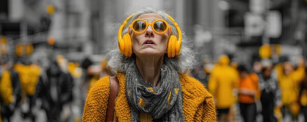 Urban woman with yellow headphones and glasses experiencing city life