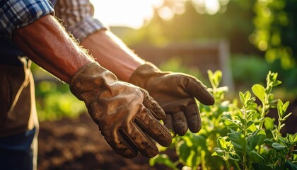 Close Up of Gardener Hands with Gloves in a Vegetable Garden During Golden Hour