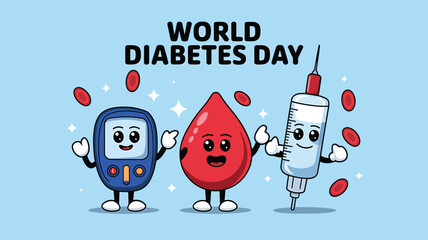 Vector art of world diabetes day cartoon with a glucose meter, blood drop, and syringe characters promoting health and awareness
