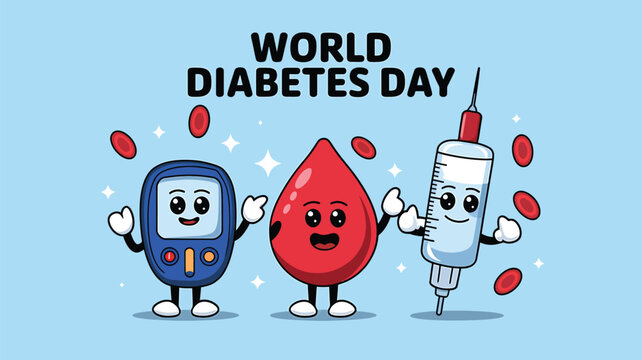 Vector art of world diabetes day cartoon with a glucose meter, blood drop, and syringe characters promoting health and awareness