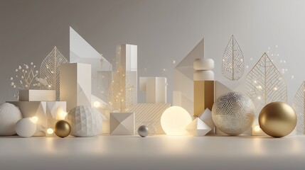 白と金のオブジェで構成された、ミニマルなクリスマス風景