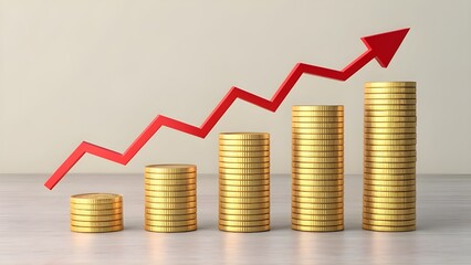 Stunning golden coins stacked in ascending bars with a vibrant red arrow graph showing strong financial growth and investment success