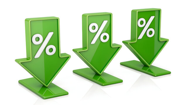 Green percentage symbols pointing down, representing discounts, economic decline, falling prices, or financial losses