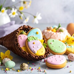 Obraz premium Easter cookies and treats spilling from a woven basket