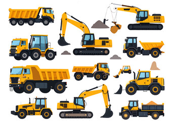 A detailed illustration set of construction vehicles, including excavators, dump trucks, loaders, and heavy machinery. Perfect for industrial design, construction projects, educational materials, info