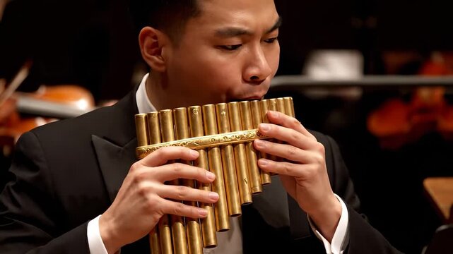 A man in an orchestra playing the pan flute, with the man focused on the pan flute. The man's tuxedo complements the man&rsquo;s concentration at the performance.