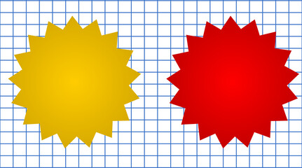 Yellow and red burst shapes on grid background for sale badges, discount stickers, promotional design labels, and graphic decoration elements