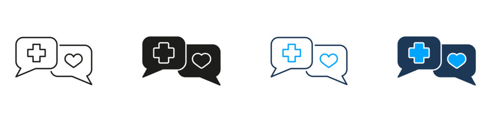 Fototapeta premium Medical And Heart Chat Bubble Line And Solid Icon Set. Healthcare Communication And Patient Support Symbol Collection. Medical Advice And Emotional Care. Isolated Vector Illustration