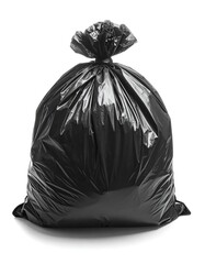 A single, fully packed black plastic garbage bag, tied securely at the top. The bag casts a shadow on a clean white background