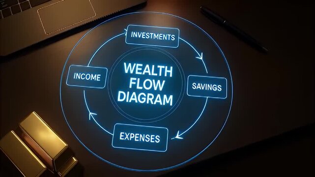 Gold investment wealth flow diagram glowing infographic desk laptop pen gold bars conveying income savings expenses investments circular flow financial planning strategy stable asset balanced saving