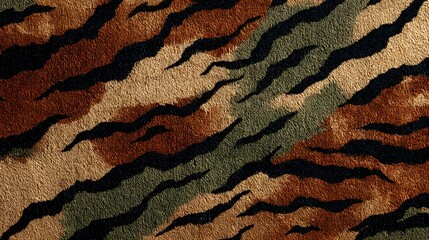 Decorative abstract pattern featuring undulating stripes of contrasting colors, combining tan, brown, olive green and black in an intricate, textured composition, creating a dynamic and visually...