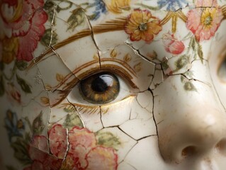 Cracked Porcelain Artwork: Close-Up of Doll Face with Floral Patterns and Brown Eye, Artistic Representation of Vulnerability and Beauty, Intricate Detail in Decorative Arts