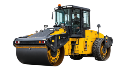Heavy construction yellow roller machine compacting asphalt on construction site with operator at work in the cab of machinery