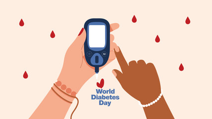 Vector art of world diabetes day concept with hands of different skin tones using a glucometer and blood drops, promoting unity and awareness
