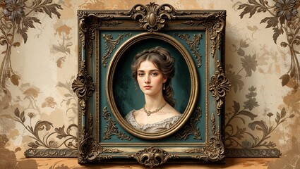 Antique picture frame with faded portrait and intricate metal detailing vintage illustration background