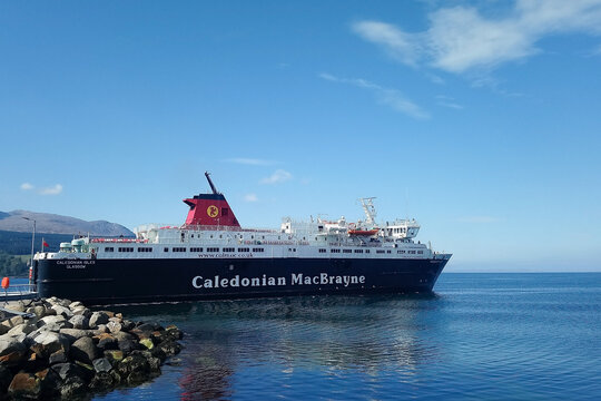Brodick, Isle of Arran, Scotland - May 07 2018: The Caledonian MacBrayne ferry MV Caledonian Isles at the pier in Brodick