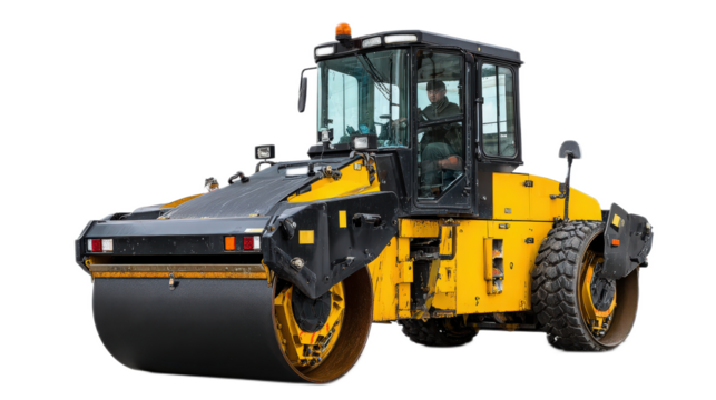 Heavy construction yellow roller machine compacting asphalt on construction site with operator at work in the cab of machinery