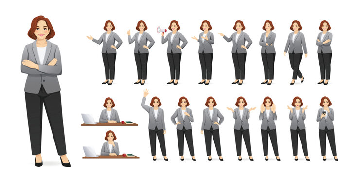 Elegant beautiful mature full-figured business woman in suit set. Diferent poses isolated vector illustration 