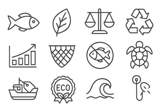 Sustainable Fishing Icons. Line style round icons of sustainable fishing: fish symbol, leaf, scale, recycling; quota chart, net