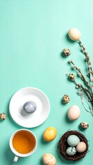 Fototapeta premium Easter eggs and tea on mint background