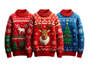Set of Three Festive Christmas Ugly Sweaters with Colorful Patterns isolated on transparent background PNG