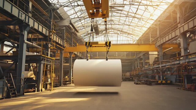 large paper roll inside industrial paper manufacturing plant, sunlight streaming through glass roof, warm tones, detailed texture, high resolution