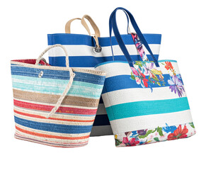 Stack of Striped and Patterned Tote Beach Bags with Natural Textures isolated on transparent background PNG