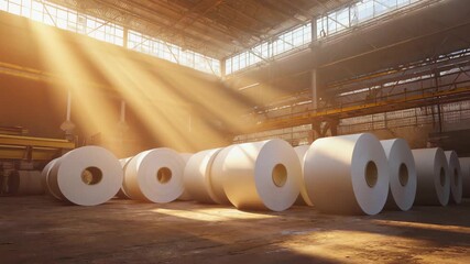 large paper roll inside industrial paper manufacturing plant, sunlight streaming through glass roof, warm tones, detailed texture, high resolution - Powered by Adobe