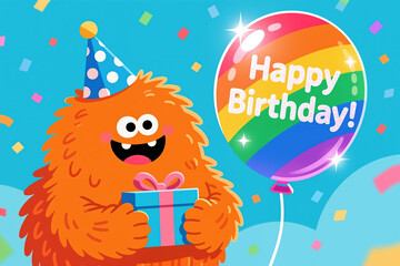 Fototapeta premium A cartoon monster in a party hat holds a gift and a rainbow balloon with happy birthday text, surrounded by confetti on a blue background, in a playful, digital illustration style.