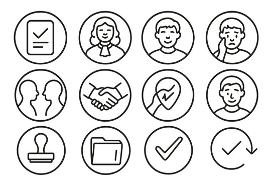 Judgment Day Icons. Line style round icons of final verdict: paper slip, judge nod, defendant reaction, lawyer glance; silent nods