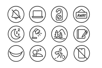 Restful Line Icons. Line style round icons of boundaries and rest: mute bell, closed laptop, “do not disturb” icon, away sign;
