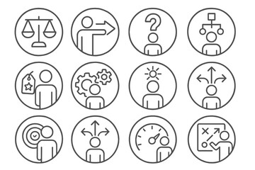 Fototapeta premium Decision-Making Icons. Line style round icons of decision-making leaders: balance scale, decisive arrow, question icon, flowchart;