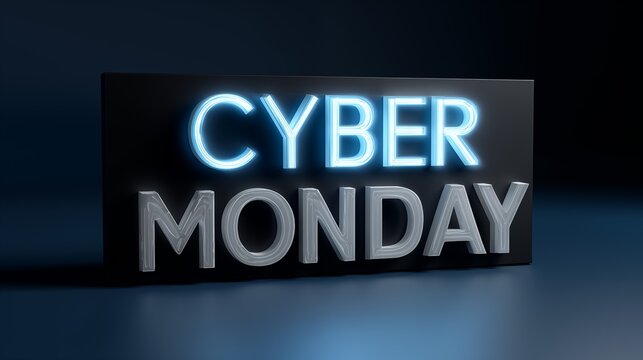 Cyber Monday sign with blue neon word and metallic letters on dark background, side view