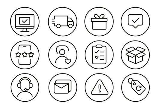 Post-Purchase Journey Icons. Line style round icons of post-purchase journey: order status, delivery icon, package open, thank you