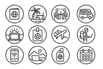 Freelance Freedom Icons. Line style round icons of freelance freedom: passport icon, beach desk, coworking hub, van life; sunrise
