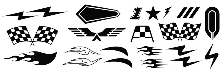 Racing cars and race car stripes vector collection featuring checkered flag templates, motocross labels, dynamic lines, motorsport graphics, speed stripes, sport decals, and tuning stickers