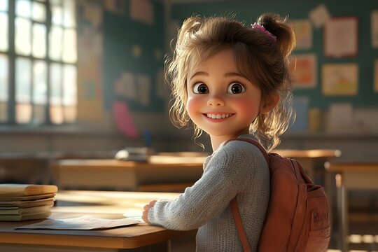 A charming portrait of a happy little girl in a classroom, emphasizing the joy of learning and childhood wonder.